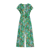 Passender, schlankmachender, kurzärmliger Jumpsuit mit V-Ausschnitt und Print